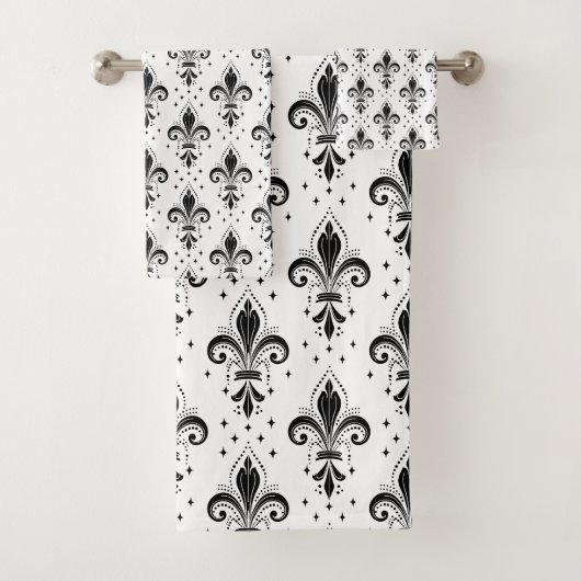 Schwarzes Fleur-de-lis-nahtloses Muster auf weiß Badhandtuch Set (Insitu)
