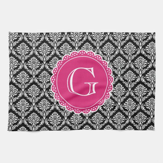 Schwarzes Floral Damask Muster Hot Pink Monogramm Handtuch (Horizontal)