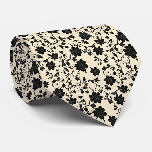 Schwarzes Floral Muster Krawatte (Gerollt)