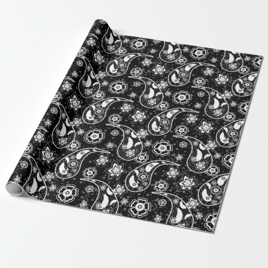 Schwarzes Floral Paisley Illustration Muster Desig Geschenkpapier (Ungerollt)