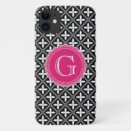 Schwarzes, florales Gittermuster Hot Pink Monogram Case-Mate iPhone Hülle