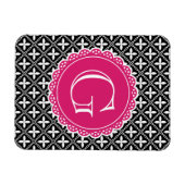 Schwarzes, florales Gittermuster Hot Pink Monogram Magnet (Horizontal)