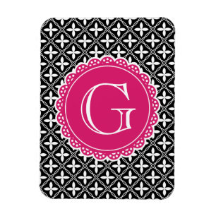 Schwarzes, florales Gittermuster Hot Pink Monogram Magnet