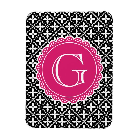 Schwarzes, florales Gittermuster Hot Pink Monogram Magnet (Vertikal)