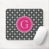 Schwarzes, florales Gittermuster Hot Pink Monogram Mousepad (Mit Mouse)
