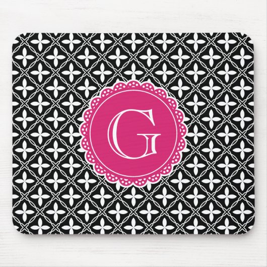 Schwarzes, florales Gittermuster Hot Pink Monogram Mousepad (Vorne)