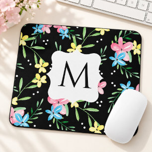 Schwarzes florales Monogramm Mousepad