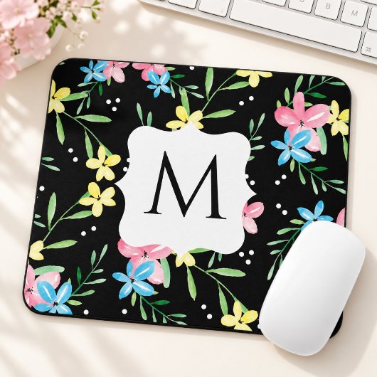 Schwarzes florales Monogramm Mousepad