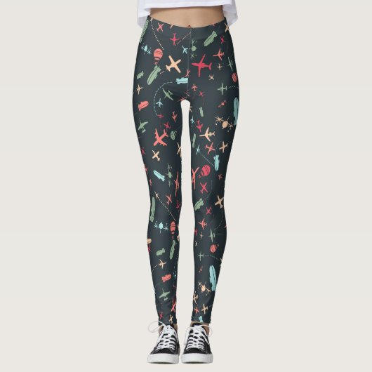 Schwarzes Flugzeug und Flugmuster Leggings (Vorderseite)