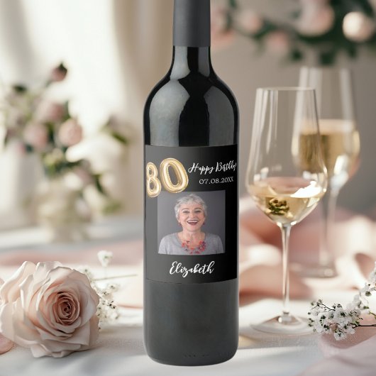 Schwarzes Foto am 80. Geburtstag Weinetikett