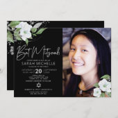 Schwarzes Foto Bat Mitzvah Silver Floral Wasserfar Einladung (Vorne/Hinten)