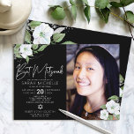 Schwarzes Foto Bat Mitzvah Silver Floral Wasserfar Einladung<br><div class="desc">Seien Sie stolz, freuen Sie sich und präsentieren Sie diesen Meilenstein Ihres Lieblings-Bat Mitzvah mit dieser raffinierten, personalisierten Foto-Einladung! Ein schick, atemberaubend, weiß und Imitate silberne Glitzer florale Aquarell, Imitate Silber-Folie Schrift Typografie und weiße Sans Serif Typ Overlay ein dramatischen schwarzen Hintergrund auf der links Seite, Ihr personalisiertes Foto auf...</div>