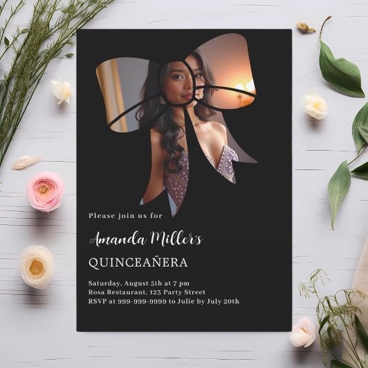 Schwarzes Foto Bogen elegant Quinceanera Einladung