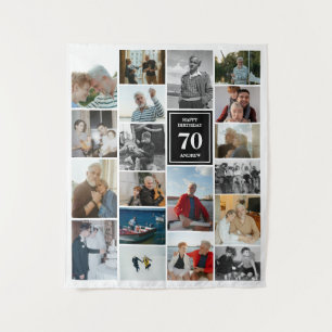 Schwarzes Foto Collage Happy Geburtstag Name & Alt Wandteppich