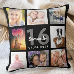 Schwarzes Foto Collage Sweet 16 Kissen<br><div class="desc">Ein einzigartiges Geschenk für den 16., 16. Geburtstag eines Mädchens, das ihr Leben mit einer Collage von 8 eigenen Fotos, Bildern feiert. Personalisieren und fügen Sie ihren Namen, Alter 16 und ein Datum. Ein schicker schwarzer Hintergrund. Graue und weiße Buchstaben und Zahlen. Der Name ist mit einem modernen handgeschriebenen Stilskript...</div>