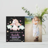 Schwarzes Foto Einhorn Geburtstagseinladungen Einladung (Stehend Vorderseite)