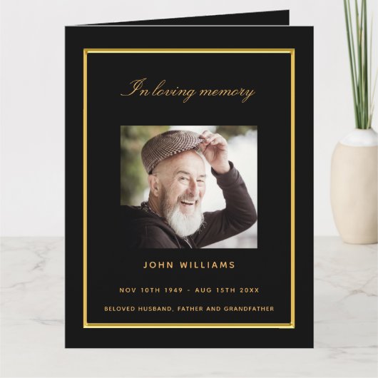 Schwarzes Foto - elegantes Beerdigungsprogramm Dankeskarte (Vorderseite)