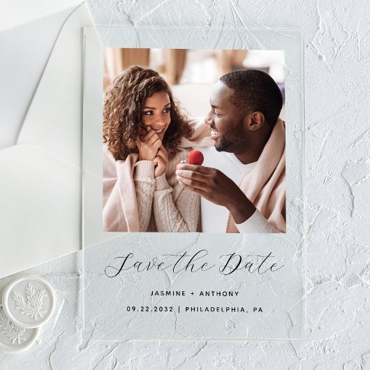 Schwarzes Foto-Hochzeitsschreiben speichern Sie da Acryleinladungen