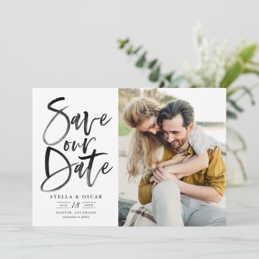 Schwarzes Foto Save The Date (Stehend Vorderseite)