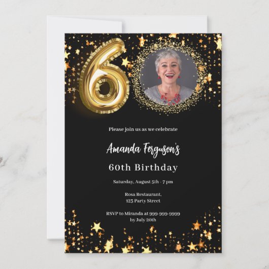 Schwarzes Foto - Sterne 60. Geburtstag Einladung (Vorderseite)