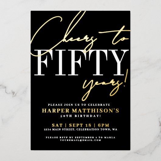 Schwarzes Fünfzig 50. Geburtstag Gold Folieneinladung (Vorderseite)
