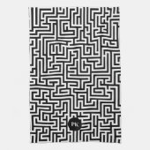 Schwarzes geometrisches Labyrinthmuster auf weißem Geschirrtuch (Vertikal)