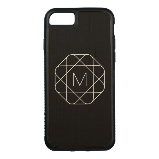 Schwarzes geometrisches Monogramm Carved Wood iPhone Hülle (Rückseite)