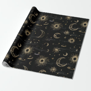 Schwarzes Geschenkpapier mit goldenem Himmelskörpe