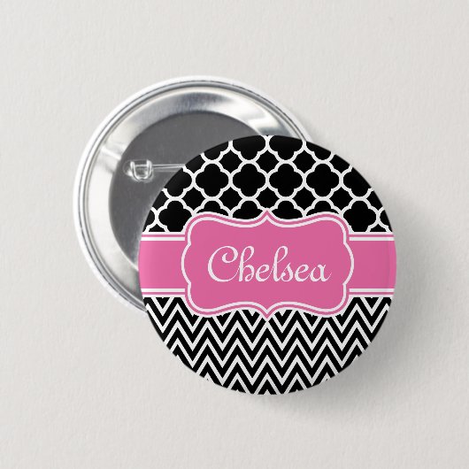 Schwarzes Gitter / Zickzack Muster rosa Name Button (Vorne & Hinten)