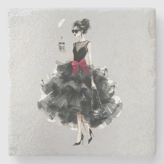 Schwarzes Glam Gown, Red Bow, Shades Steinuntersetzer (Vorderseite)