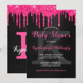Schwarzes Glam Hot Pink Glitzer Tropfen Kinderdusc Einladung (Vorne/Hinten)