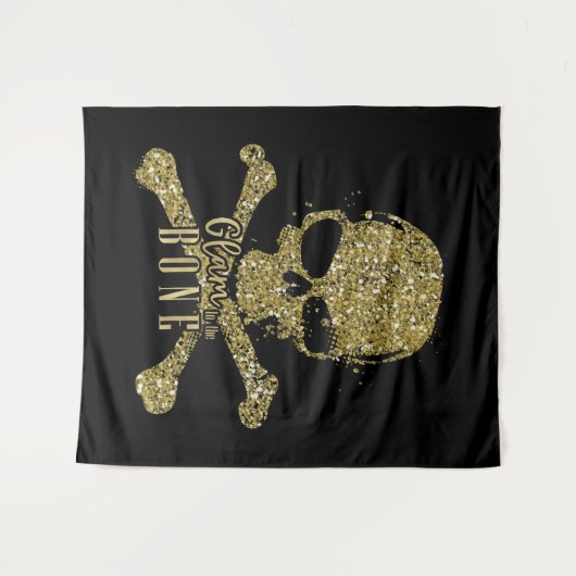 Schwarzes Glam zum Knochen-Gold-Glitzer-Schädel Wandteppich (Vorderseite (Horizontal))