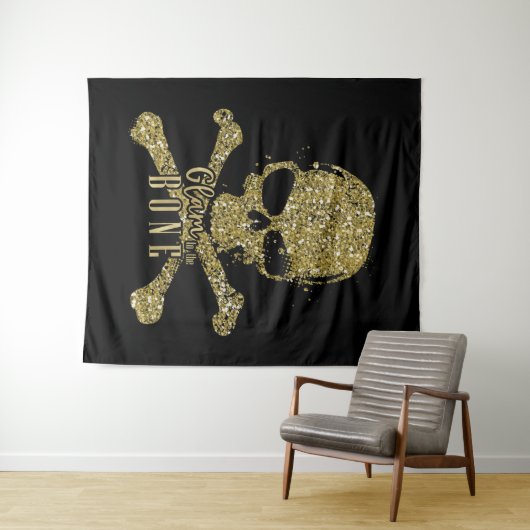 Schwarzes Glam zum Knochen-Gold-Glitzer-Schädel Wandteppich (Beispiel (Horizontal))