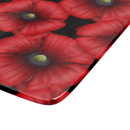 Schwarzes Glas-Schnittplatine mit rotem Mohnmuster Schneidebrett (Ecke)