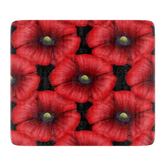 Schwarzes Glas-Schnittplatine mit rotem Mohnmuster Schneidebrett (Vorderseite)