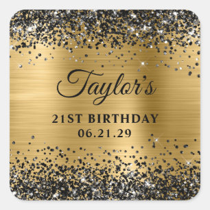 Schwarzes Glitter-Goldfolie 21. Geburtstag Quadratischer Aufkleber