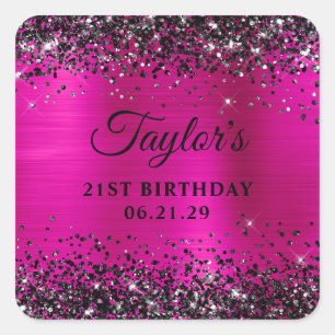 Schwarzes Glitter Hot Pink Folie 21. Geburtstag Quadratischer Aufkleber