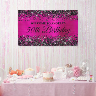 Schwarzes Glitter Hot Pink Folie 50. Geburtstags-W Banner