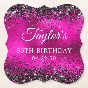 Schwarzes Glitter Hot Pink Glas 50. Geburtstag Untersetzer