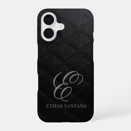 Schwarzes Glitter-Monogramm iPhone 16 Hülle (Rückseite)