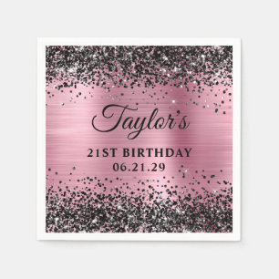 Schwarzes Glitter-Rosa-Folie 21. Geburtstag Serviette