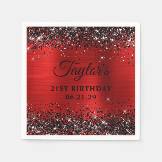 Schwarzes Glitter-Rot-Folie 21. Geburtstag Serviette (Vorderseite)