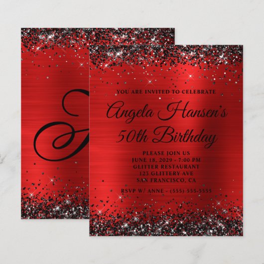 Schwarzes Glitter Roter Folien-Monogramm 50. Gebur (Vorne/Hinten)