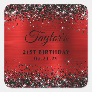 Schwarzes Glitter Rotes Folie 21. Geburtstag Quadratischer Aufkleber