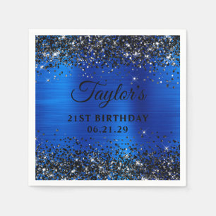 Schwarzes Glitter Royal Blau Folie 21. Geburtstag Serviette