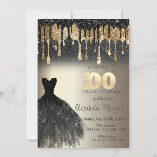 Schwarzes Glitter-Tropfen Kleid Gold 100th Einladung