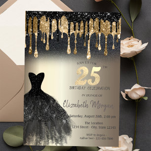Schwarzes Glitter-Tropfen Kleid Gold 25. Geburtsta Einladung