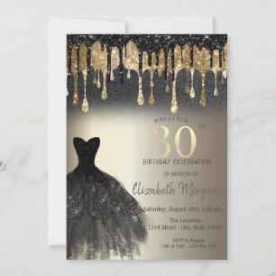Schwarzes Glitter-Tropfen Kleid Gold 30. Geburtsta Einladung