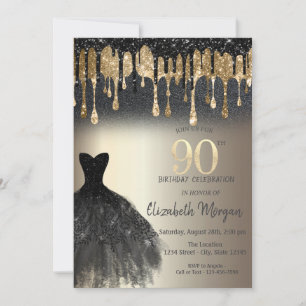Schwarzes Glitter-Tropfen Kleid Gold 90. Geburtsta Einladung