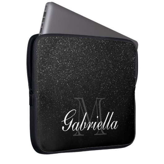 Schwarzes Glitzer-Monogramm Laptopschutzhülle (Vorne Rechts)